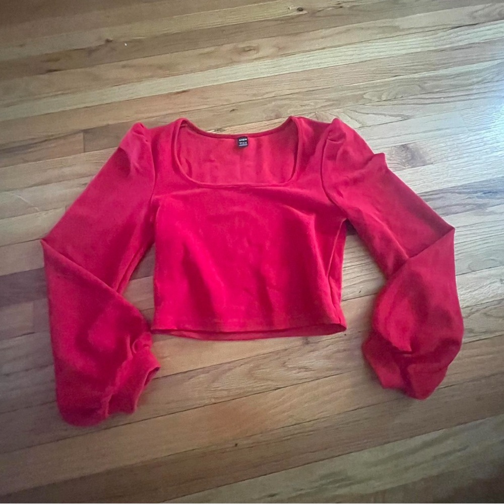 SHEIN cropped long puffy sleeve red shirt size L Elegant Red Women's Top